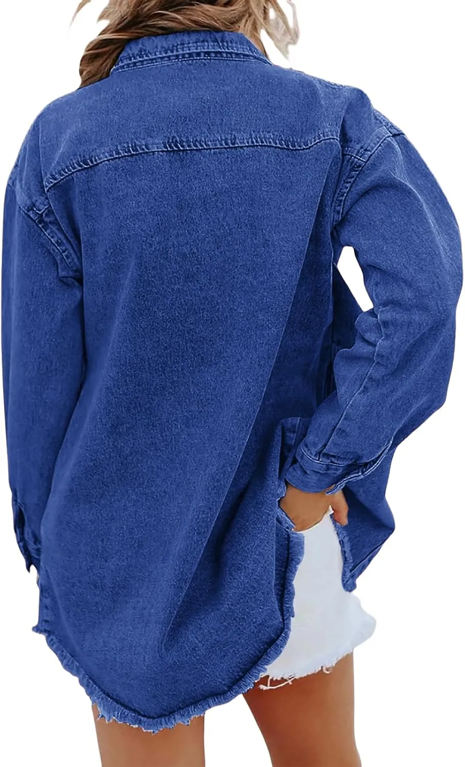 ZWRXW Women's Oversized Denim Jacket Casual Long Sleeve Distresse Jean Jacket Button Up Frayed Hem Boyfriend Shacket Outwear
