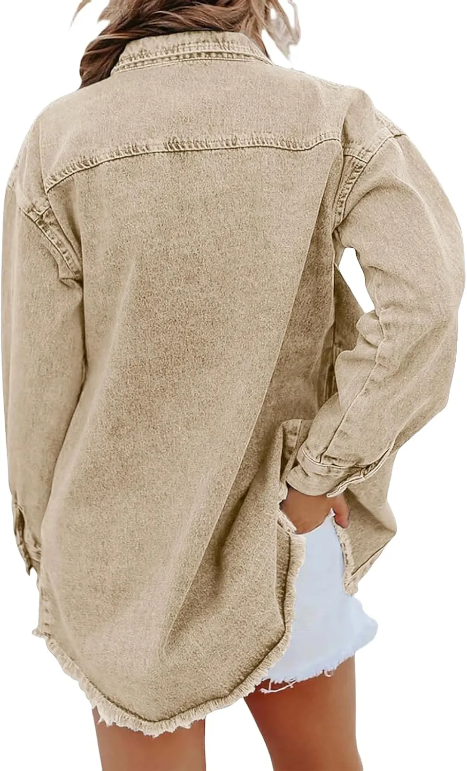 ZWRXW Women's Oversized Denim Jacket Casual Long Sleeve Distresse Jean Jacket Button Up Frayed Hem Boyfriend Shacket Outwear