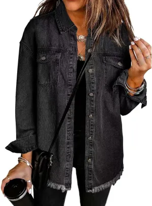 ZWRXW Women's Oversized Denim Jacket Casual Long Sleeve Distresse Jean Jacket Button Up Frayed Hem Boyfriend Shacket Outwear