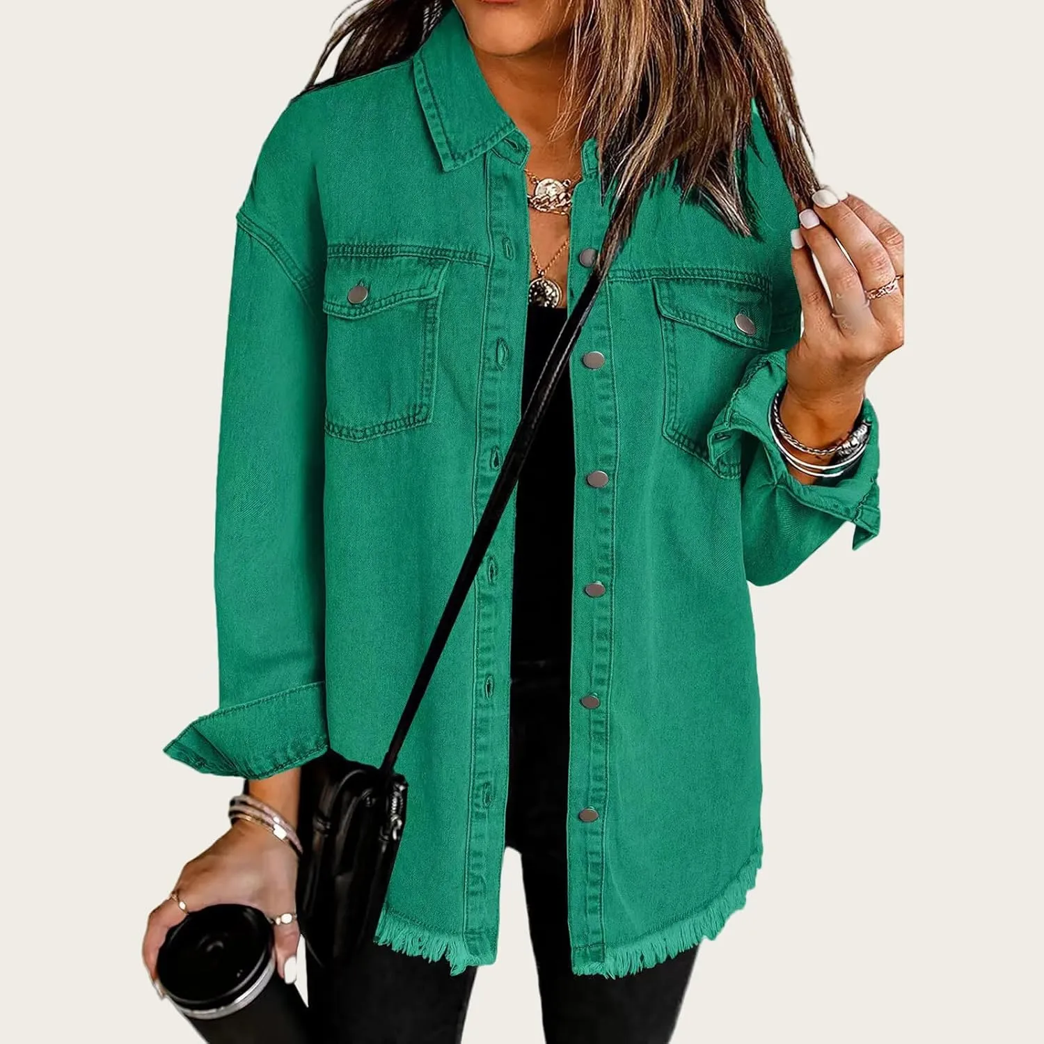 ZWRXW Women's Oversized Denim Jacket Casual Long Sleeve Distresse Jean Jacket Button Up Frayed Hem Boyfriend Shacket Outwear