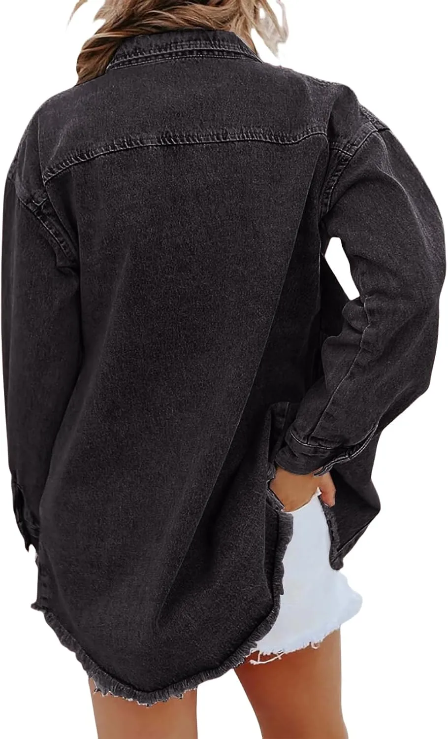 ZWRXW Women's Oversized Denim Jacket Casual Long Sleeve Distresse Jean Jacket Button Up Frayed Hem Boyfriend Shacket Outwear