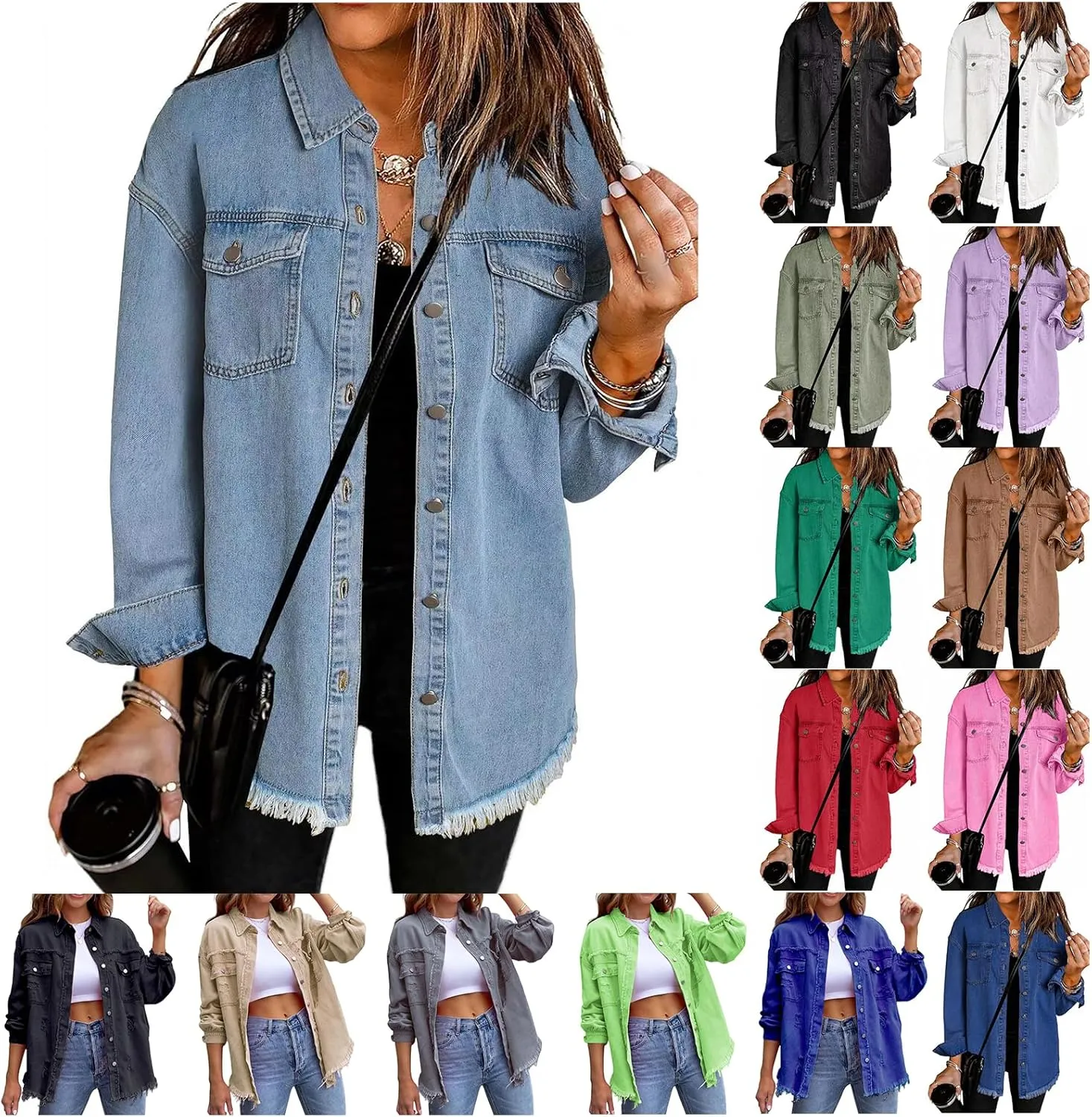 ZWRXW Women's Oversized Denim Jacket Casual Long Sleeve Distresse Jean Jacket Button Up Frayed Hem Boyfriend Shacket Outwear