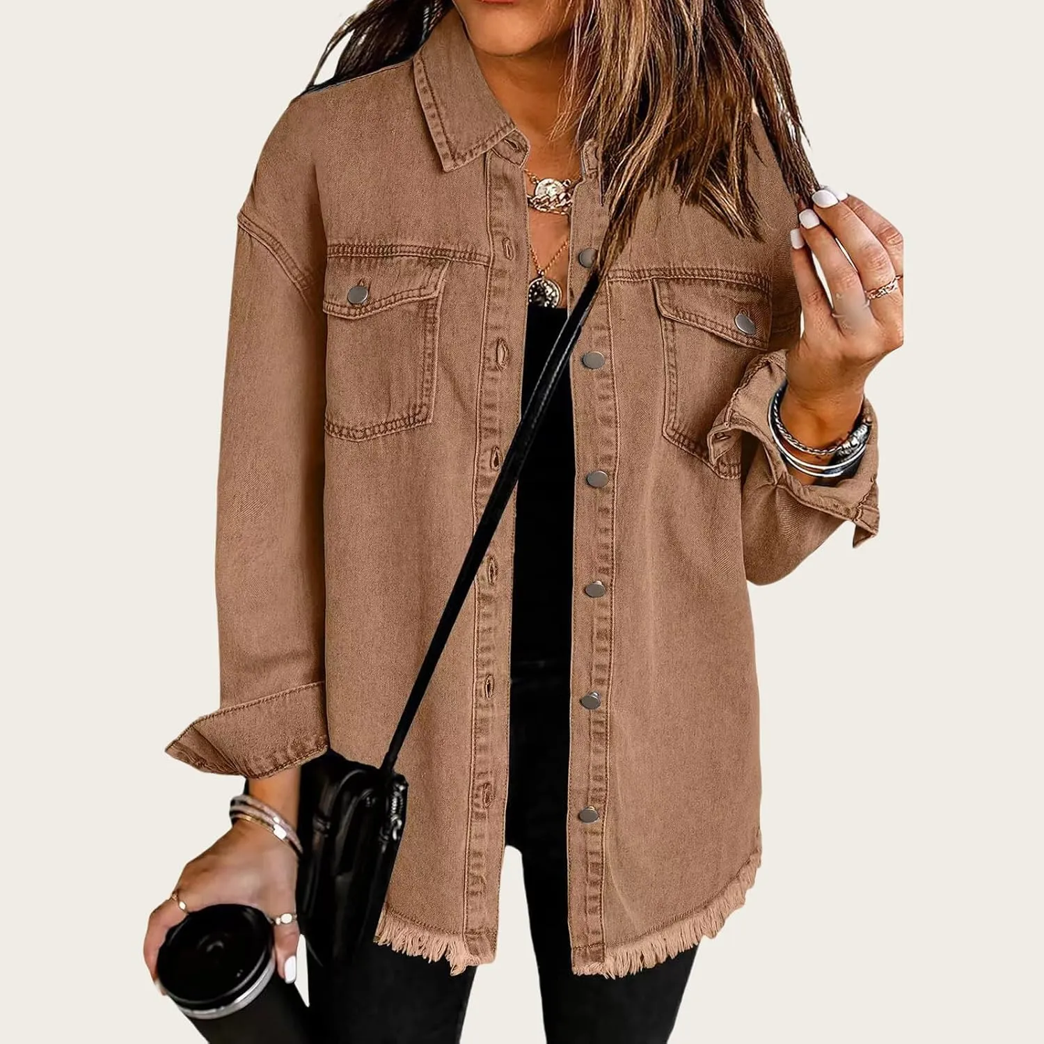 ZWRXW Women's Oversized Denim Jacket Casual Long Sleeve Distresse Jean Jacket Button Up Frayed Hem Boyfriend Shacket Outwear