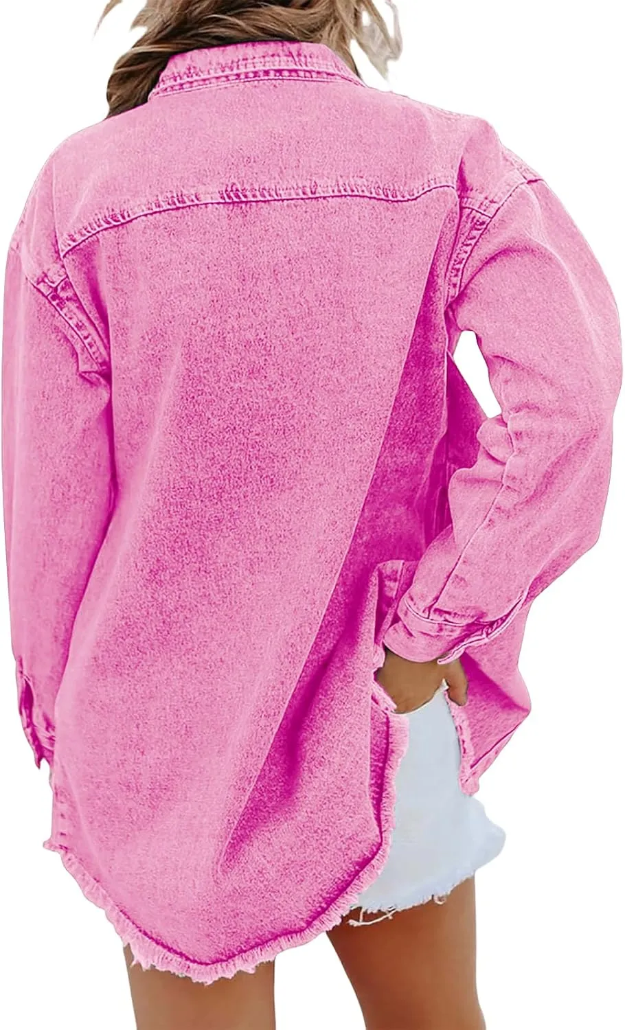 ZWRXW Women's Oversized Denim Jacket Casual Long Sleeve Distresse Jean Jacket Button Up Frayed Hem Boyfriend Shacket Outwear