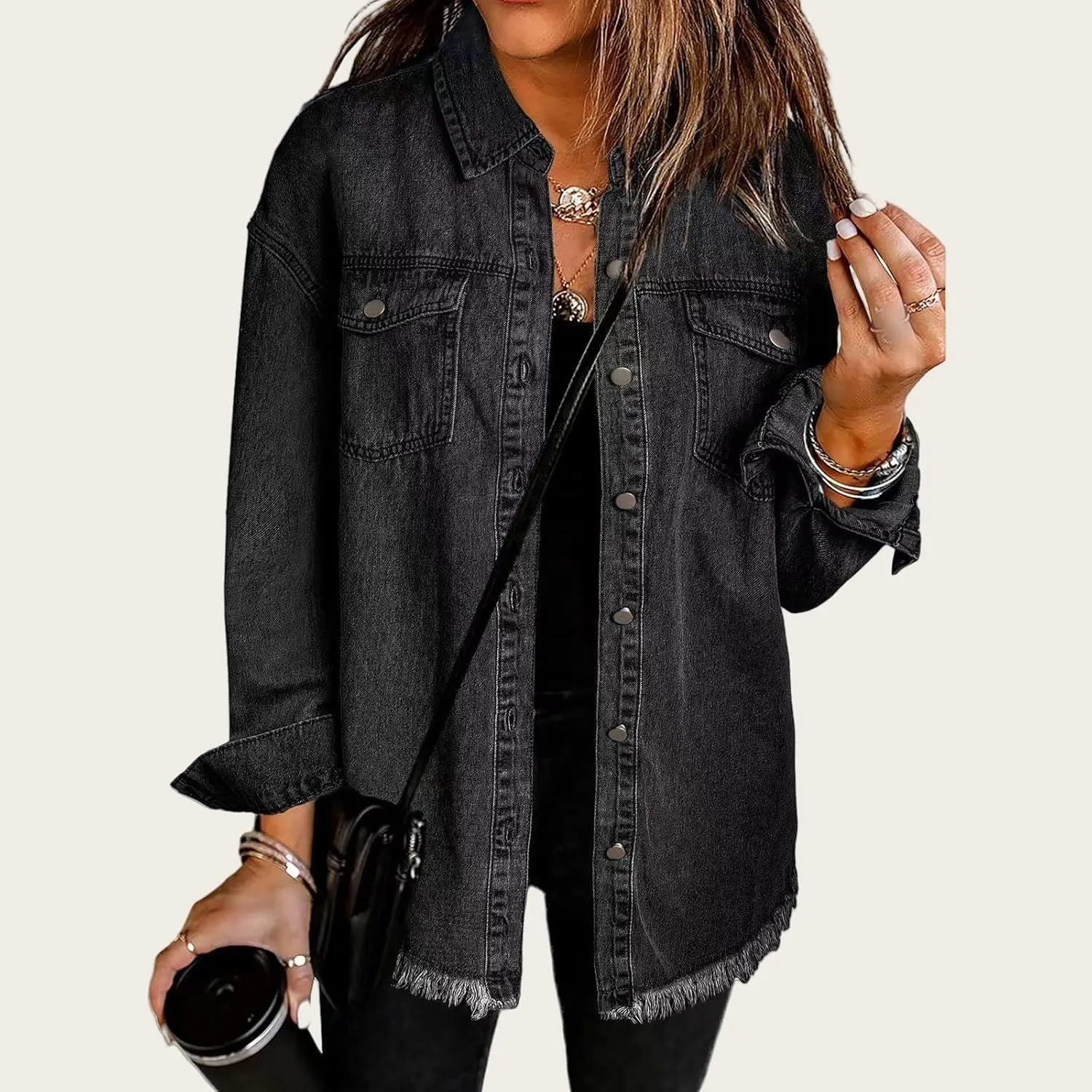 ZWRXW Women's Oversized Denim Jacket Casual Long Sleeve Distresse Jean Jacket Button Up Frayed Hem Boyfriend Shacket Outwear