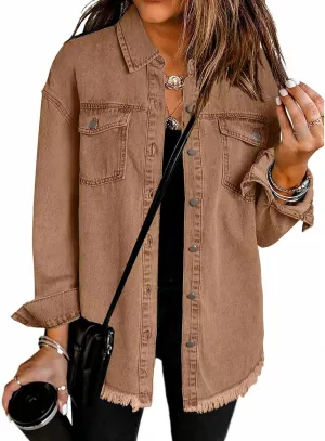 ZWRXW Women's Oversized Denim Jacket Casual Long Sleeve Distresse Jean Jacket Button Up Frayed Hem Boyfriend Shacket Outwear