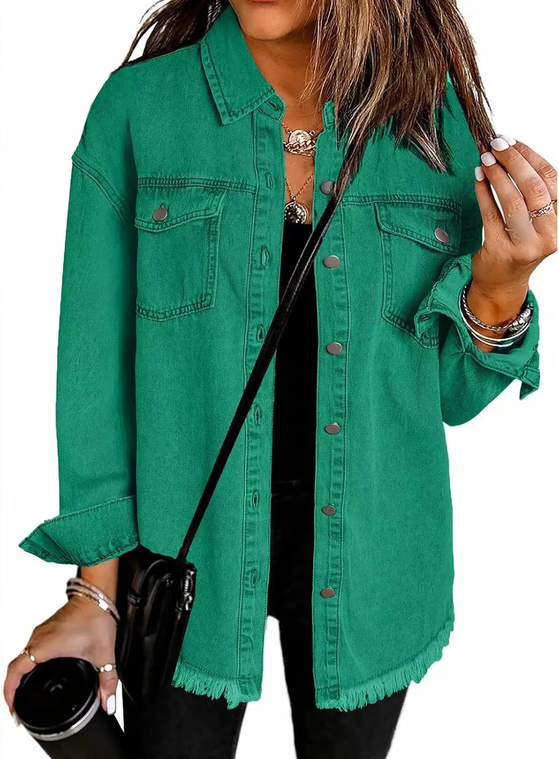 ZWRXW Women's Oversized Denim Jacket Casual Long Sleeve Distresse Jean Jacket Button Up Frayed Hem Boyfriend Shacket Outwear