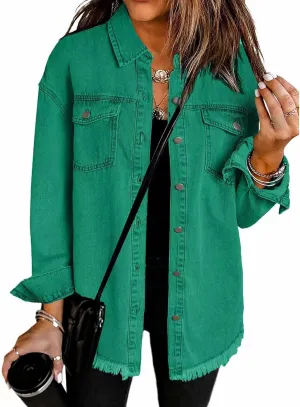 ZWRXW Women's Oversized Denim Jacket Casual Long Sleeve Distresse Jean Jacket Button Up Frayed Hem Boyfriend Shacket Outwear