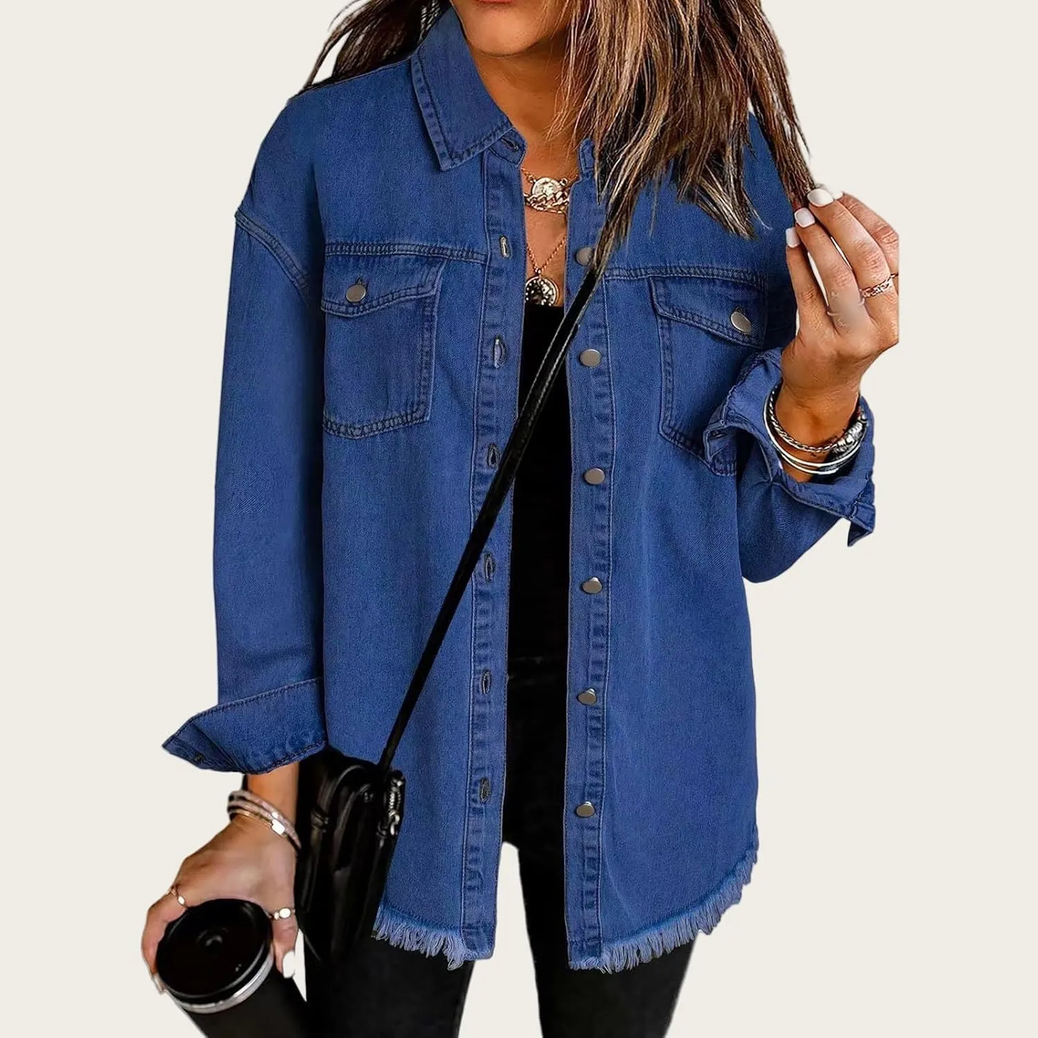 ZWRXW Women's Oversized Denim Jacket Casual Long Sleeve Distresse Jean Jacket Button Up Frayed Hem Boyfriend Shacket Outwear