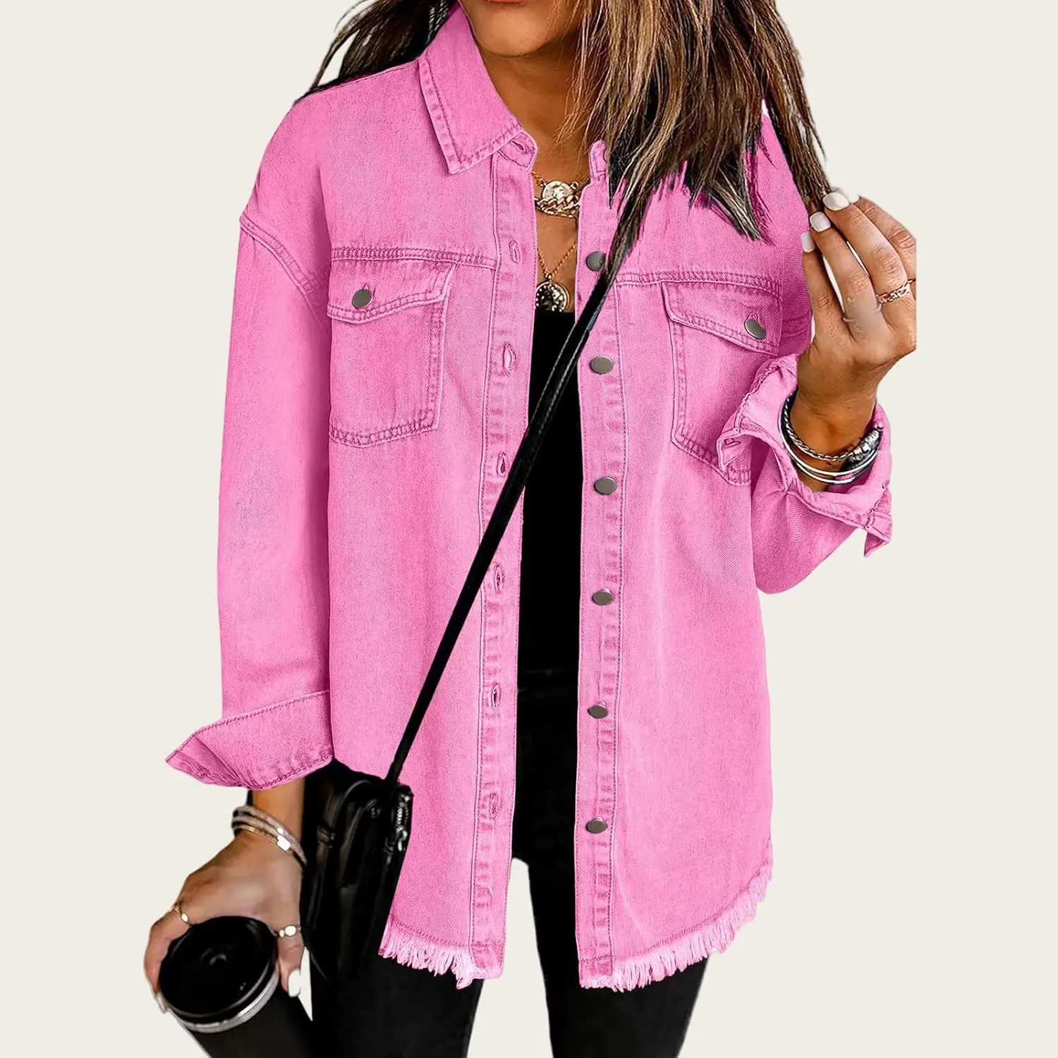 ZWRXW Women's Oversized Denim Jacket Casual Long Sleeve Distresse Jean Jacket Button Up Frayed Hem Boyfriend Shacket Outwear