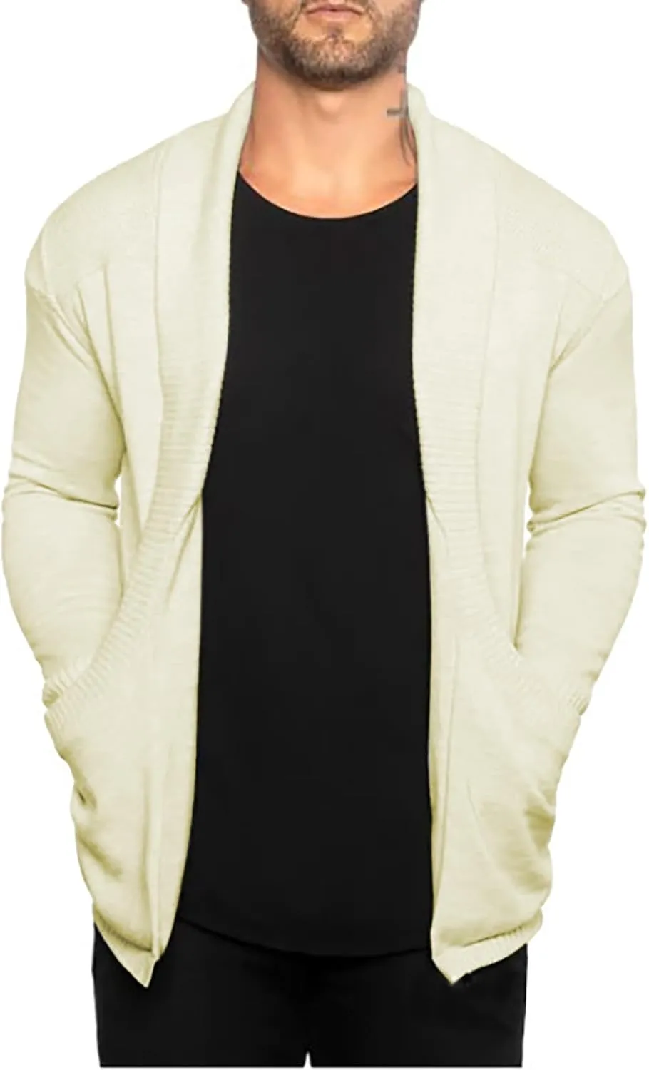 ZYXTIM Men's Ruffle Shawl Collar Cardigan Long Sleeve Open Front Slim Cotton Warm Casual Sweater Coat with Pockets Ribbed Hem