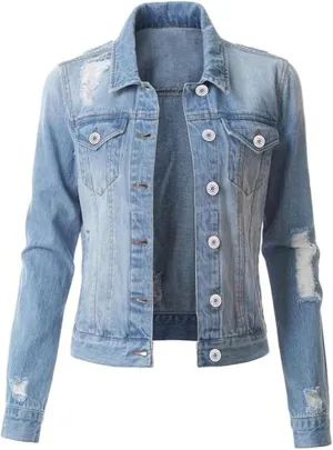 ZYXTIM Oversized Jean Jackets for Women Long Sleeve Button Stretch Loose Denim Jackets Boyfriend Ripped Distressed Jean Coat