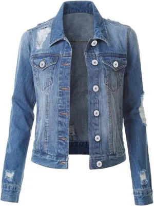 ZYXTIM Oversized Jean Jackets for Women Long Sleeve Button Stretch Loose Denim Jackets Boyfriend Ripped Distressed Jean Coat